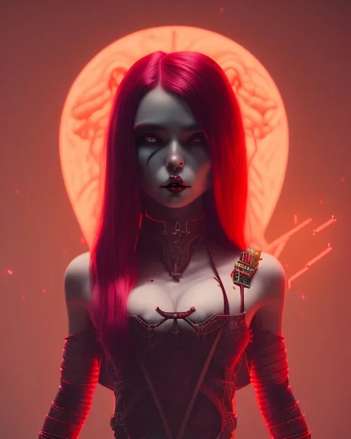 isometric art of a short Demon women with black horns deep blood red hair and green eyes, dark lighting, soft pastel gradients, high definition, 3d icon clay render, blender 3d