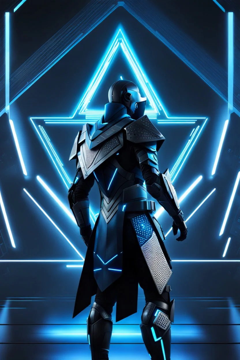 cyberpunk, neon blue, floating triangle of light behind the back, cyber armor, geometric patterns on an armor, male, orbiting triangle