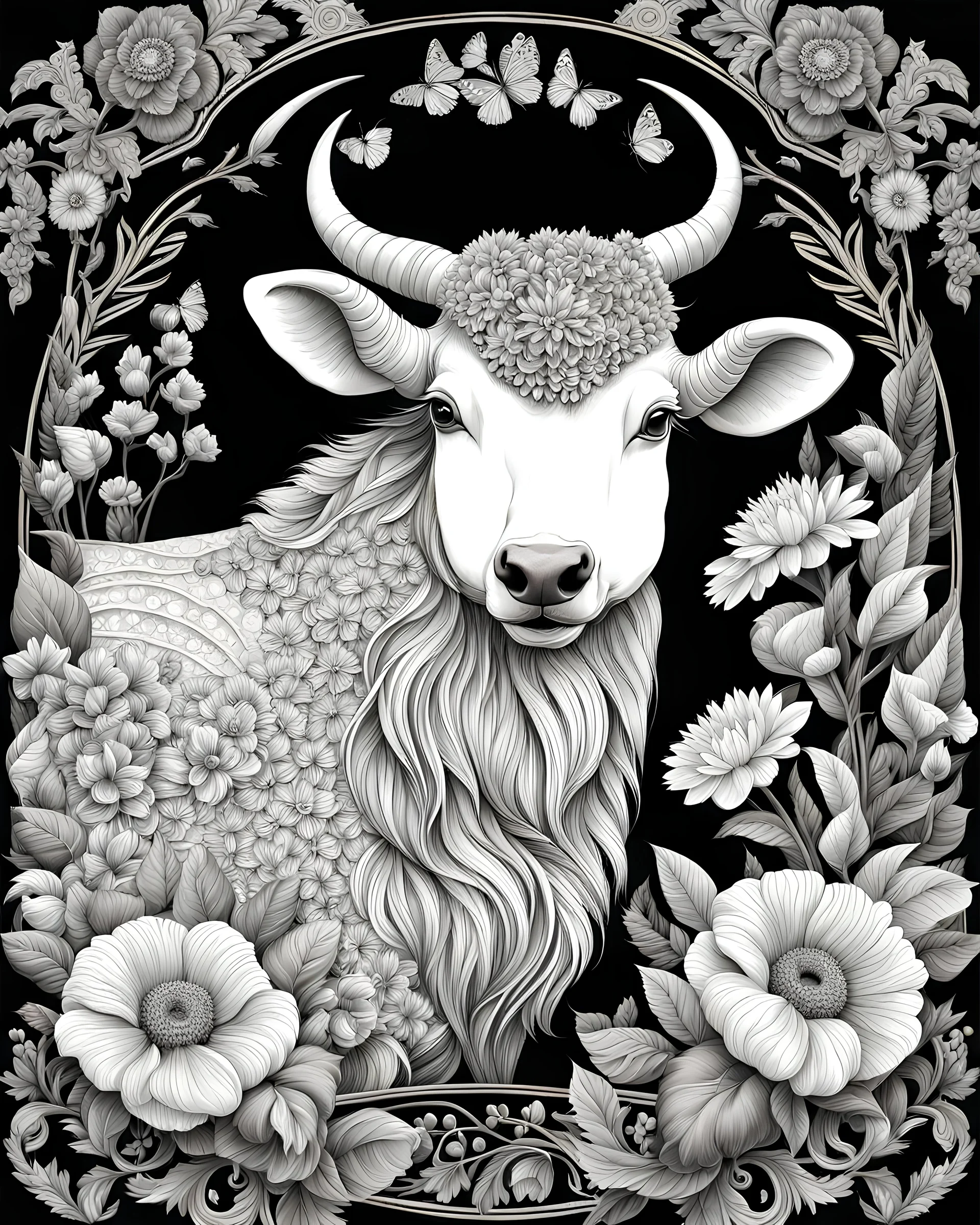 black and white coloring book style Image of animals's farm, line art style with florals highly detailed, very intricate, full body portrait.