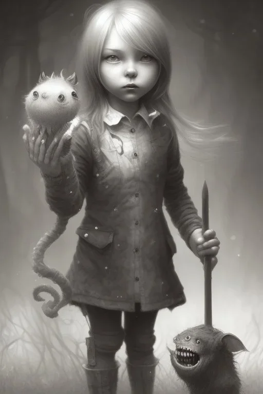 cute girl and litlle monster,Style John Kenn Mortensen,