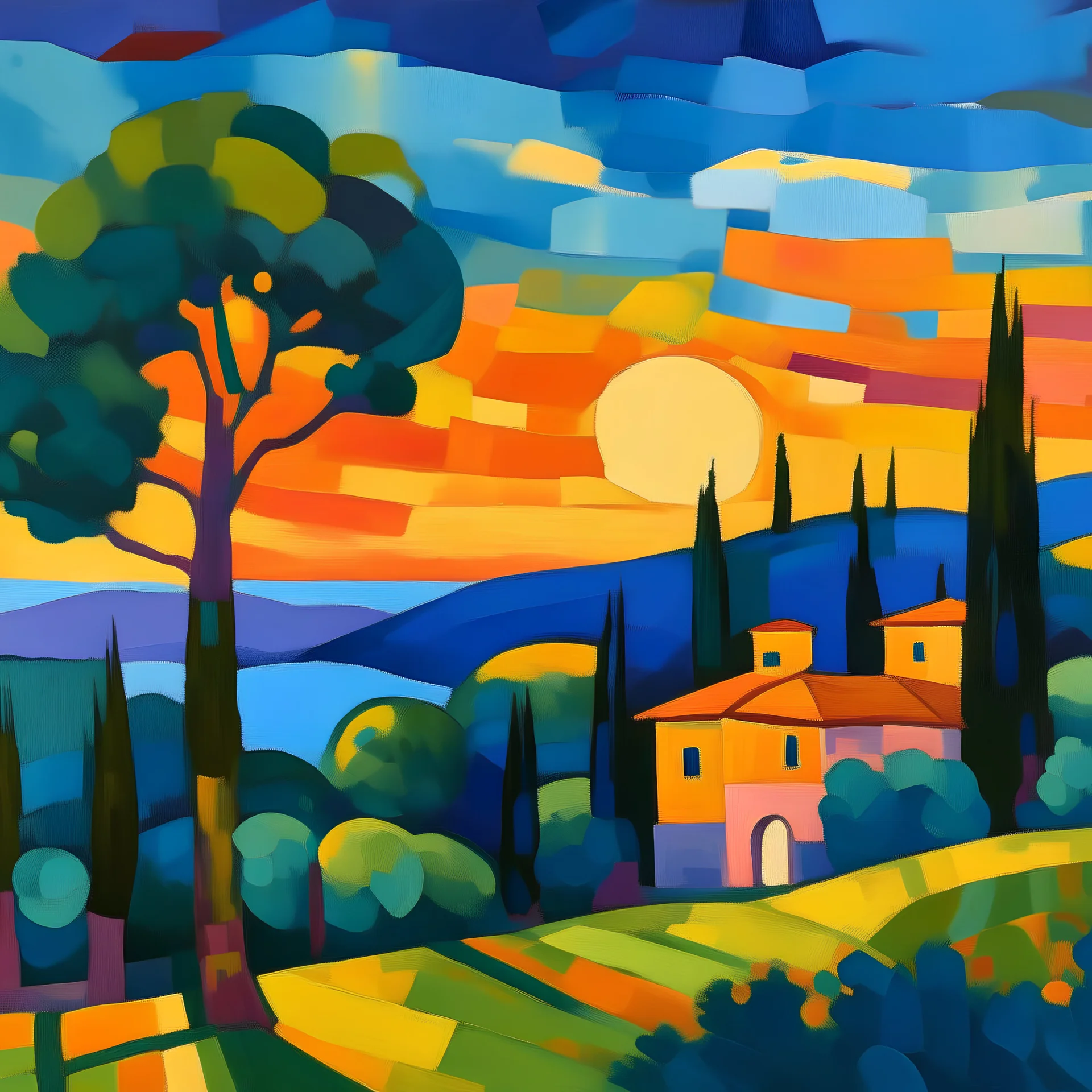 Sunset over south of France in the style of Cezanne