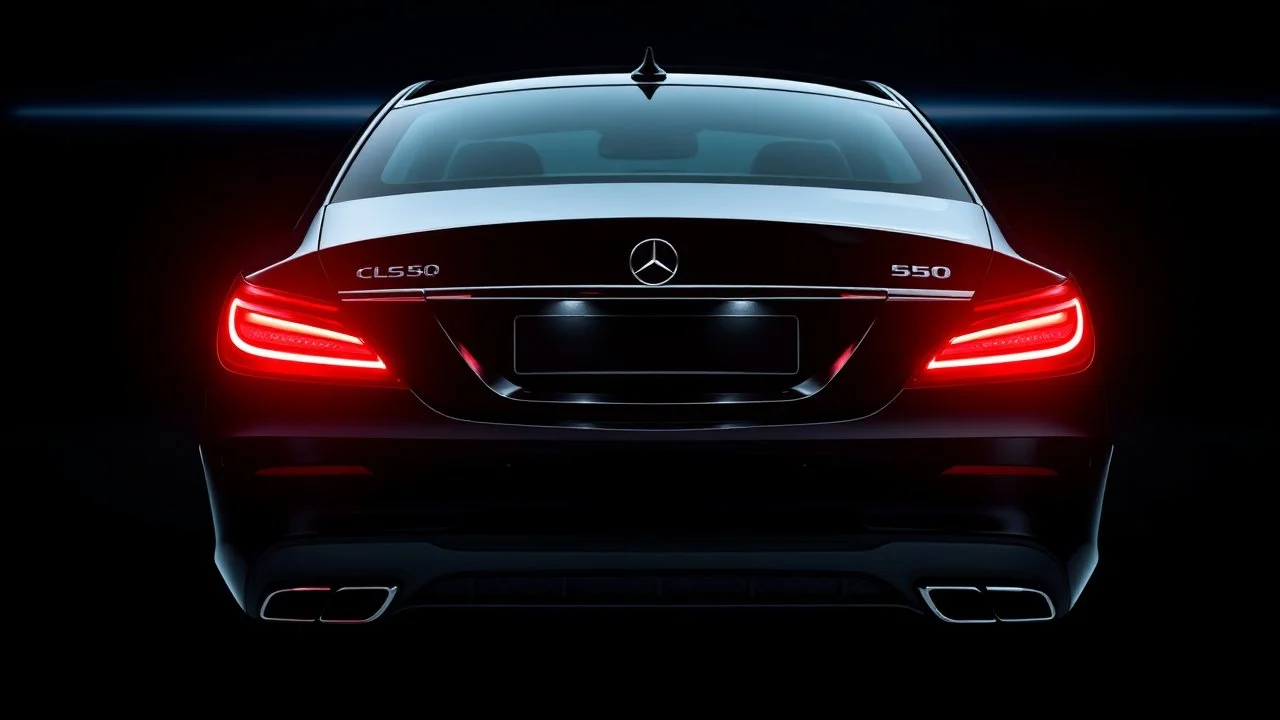 Full view of the rear view of a black Mercedes-Benz CLS 550 with bright neon lights on a black background