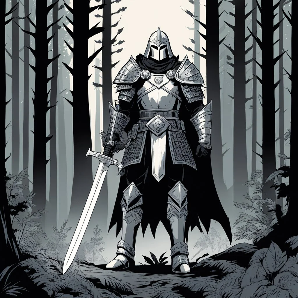 [comics Head Lopper style by Andrew MacLean] In the heart of the dense forest, a warrior emerges clad in dark armor, a figure of mystery and power. His eyes, gleaming with determination, pierce through the shadows as he wields a mighty two-handed sword with both hands firmly on the pommel. The weight of the blade is palpable as he moves with a deliberate and calculated grace, each step echoing a silent oath to protect the ancient woods.