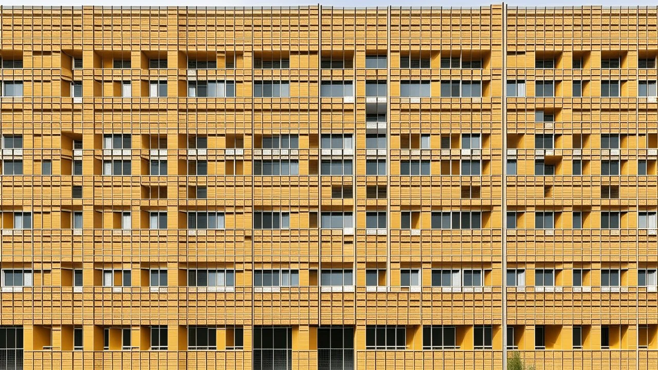 Una fachada modular compuesta por compartimentos repetidos, cada uno con una ventana cuadrada y un panel liso, color ocre uniforme que unifica toda la superficie, perspectiva exactamente frontal que convierte el patrón en ritmo abstracto, ausencia de contexto urbano, atmósfera de maqueta conceptual y orden extremo
