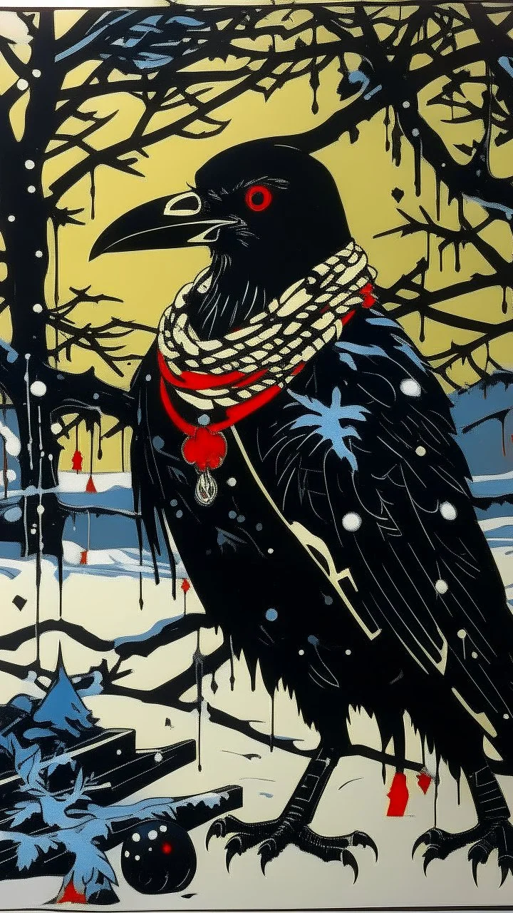 A contemporary serigraphy painting by Matisse of a human-like and happy crow adorned in a punk leather jacket within a snowy Christmas atmosphere.