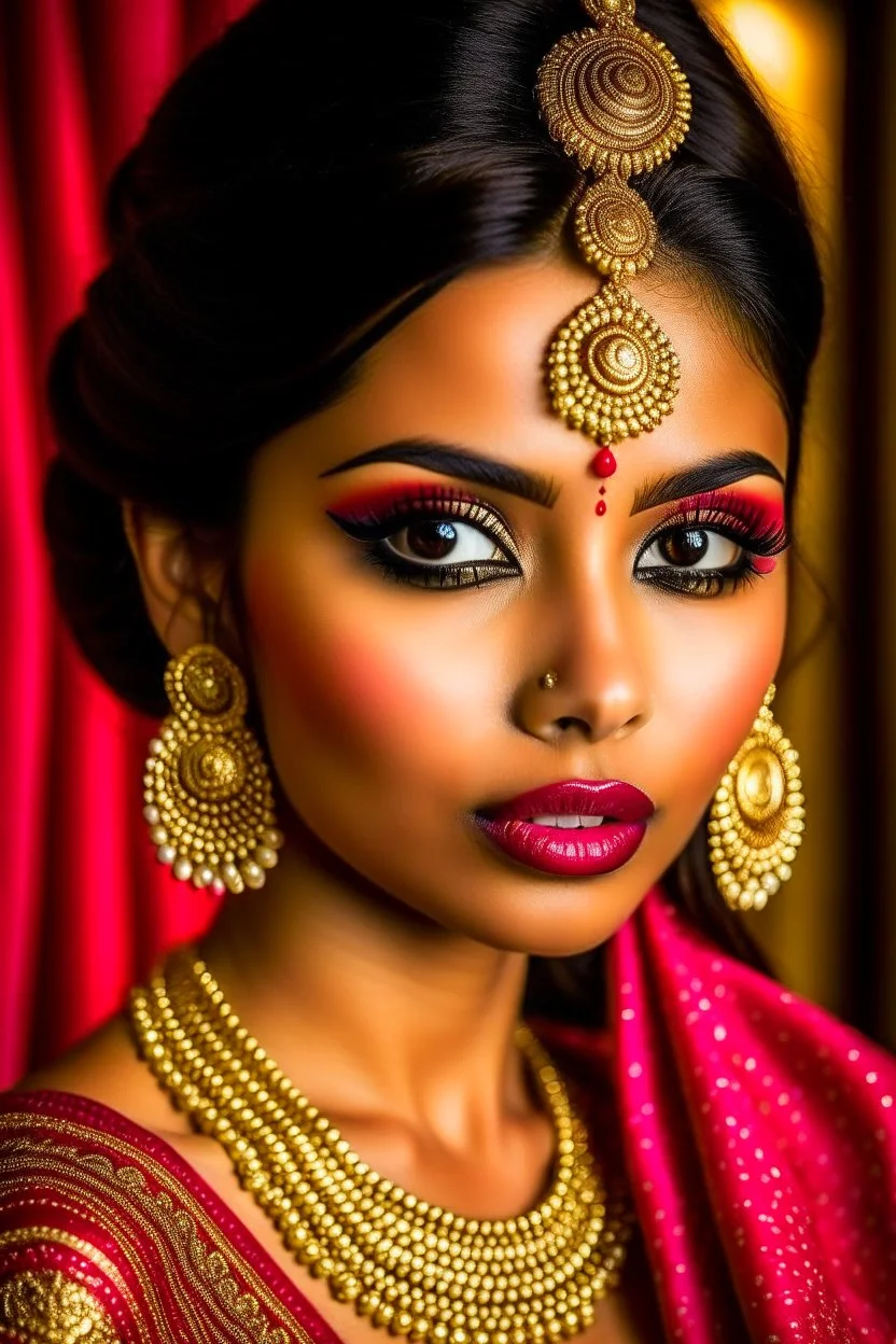 An Indian woman with bridal makeup