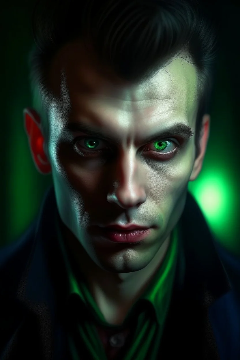 oil painting of vampire portrait with clear bluegreen eyes in spotlight feeling in control, zeiss prime lens, bokeh like f/0.8, tilt-shift lens 8k, high detail, smooth render, down-light, unreal engine, prize winning