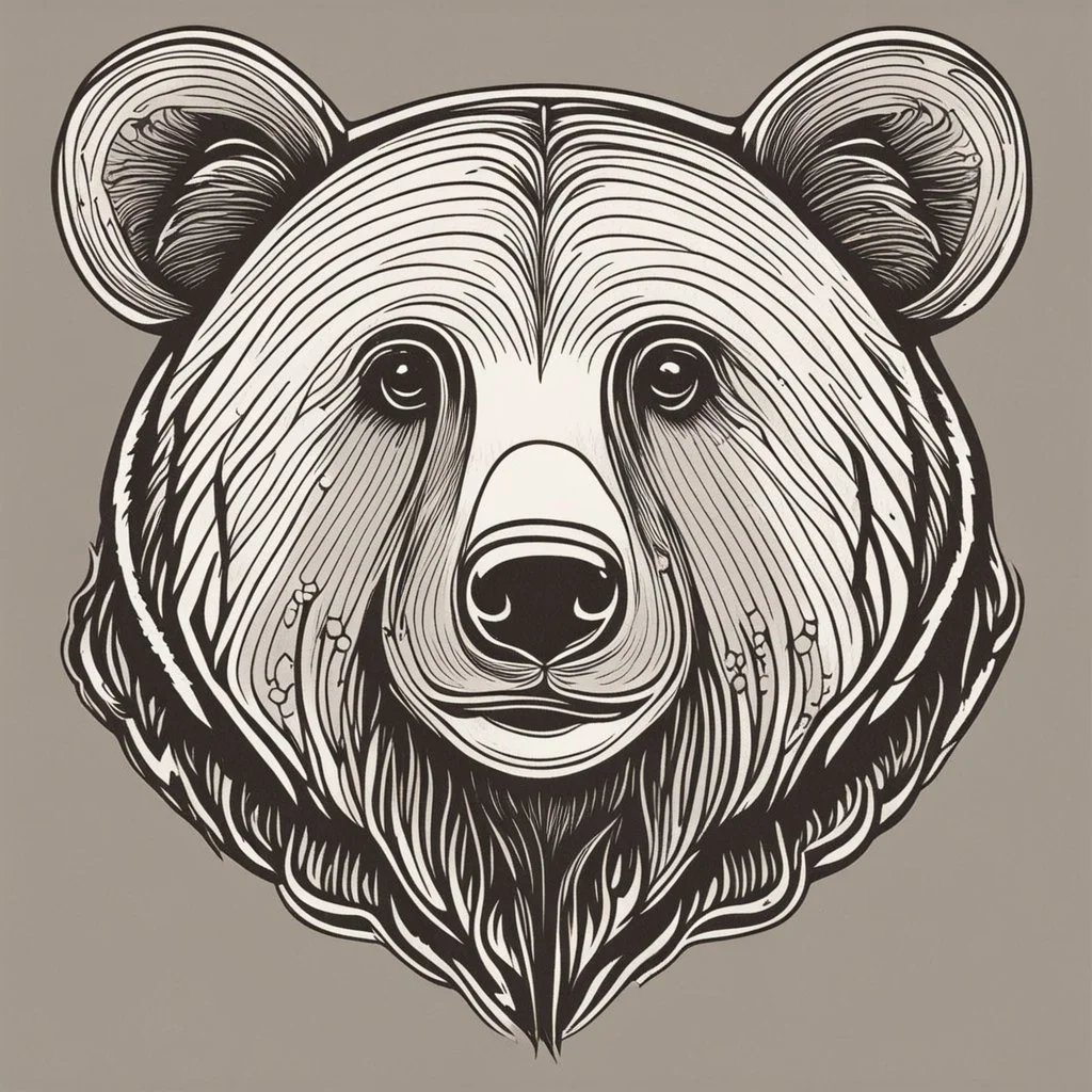 funny bear head from profile, outlined 70's cartoon style, monochromatic letterpress technique