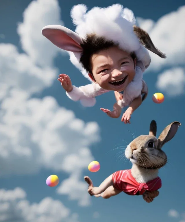 Ultra realistic speed clouds sky scene, wide angle view, child falling down with many Children background, rabbit head, inflatable monsters, circus dress style, feather color, free jumping flying, many trinkets, hair monster, many jelly beans, balls, color smoke, smile, happy, extreme, wind, clouds sea, 20,000 feet altitude, stratosphere, soft color, highly detailed, unreal engine 5, ray tracing, RTX, lumen lighting, ultra detail, volumetric lighting, 3d, finely drawn, high definition.