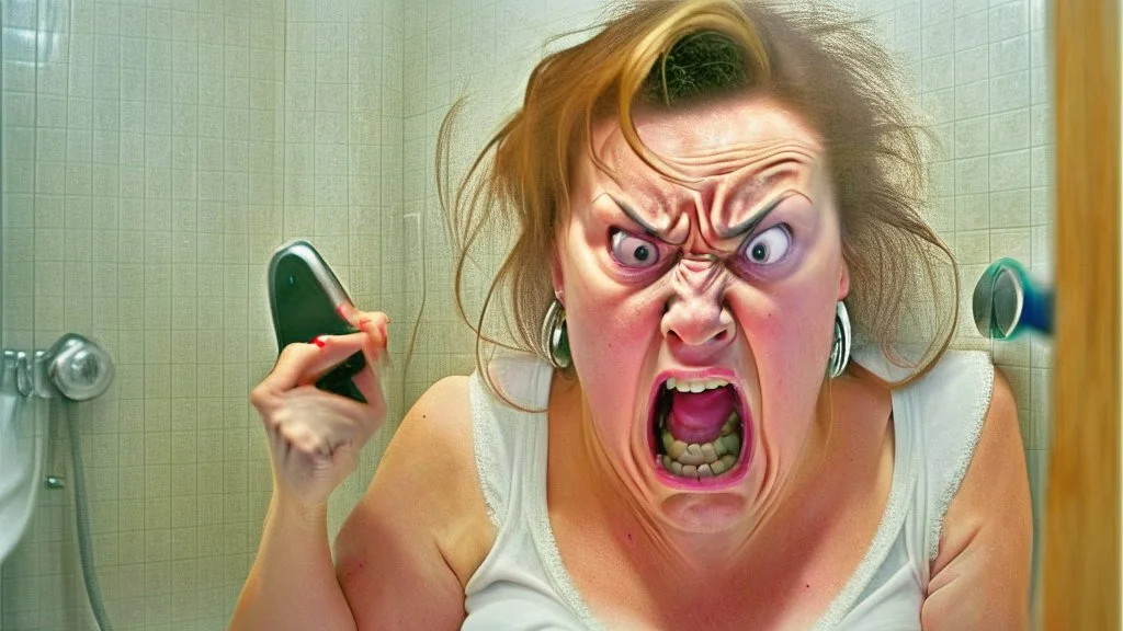 angry lady on the phone in the bathroom