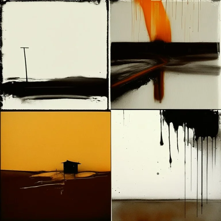 Melancholy Minimal abstract flat landscape painting. Rough brushstrokes and dripping paint. A single orange colour highlight with complimentary background colours. Use rule of thirds. Place the Horizon line at the top. Style of Justin Mortimer.Abstract empty landscape painting. Dripping paint. Rough. Minimal. Style of Justin Mortimer.