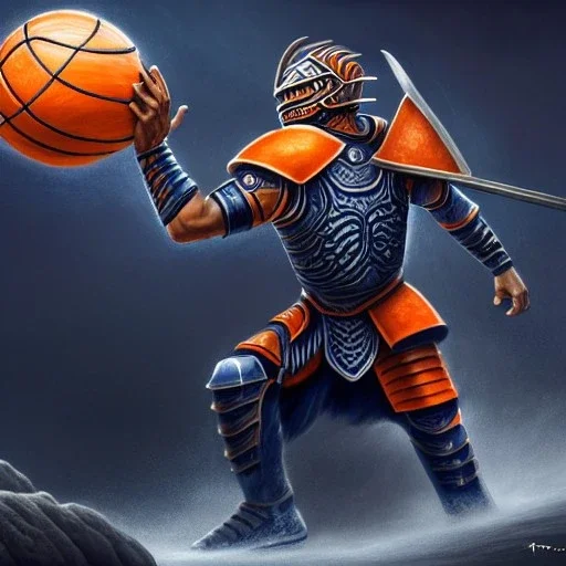 a fierce warrior in full navy blue and orange battle armor, with an S-shaped shield, holding a basketball, a highly detailed illustration, background of Inka jungle, realistic render, 8 k, micro detail, intricate, elegant, centered, digital painting, Artstation, smooth, sharp focus, illustration, artgerm, tomasz alen kopera, peter mohrbacher, donato giancola, joseph christian leyendecker, wlop, boris vallejo