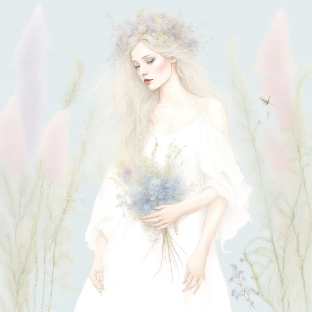 captivating conceptual portrait featuring a Swedish woman with cascading, ethereal hair and an enchanting aura. Her flowing gown is adorned with a diverse array of wildflowers, including Fireweed, Linden flower, Meadow sweet, Cornflower, St. John's wort, Stinging nettle, and Peppermint plant. Her delicate hand tenderly touches a mystical blackbird