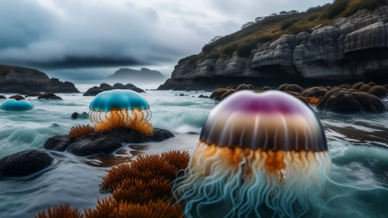 Ground-level shot of exotic giant jellyfish's with tentacles on a rocky shoreline, cloud trees, and cliffs