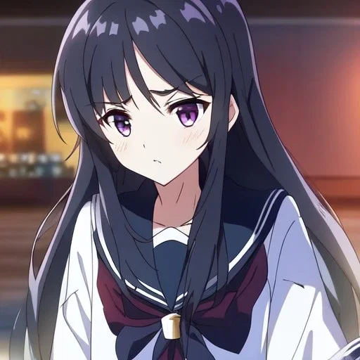 Clear focus, High resolution, long black fluffy hair, long locks, chopped bangs, purple eyes, wearing a sailor uniform, (solo), anime screencap