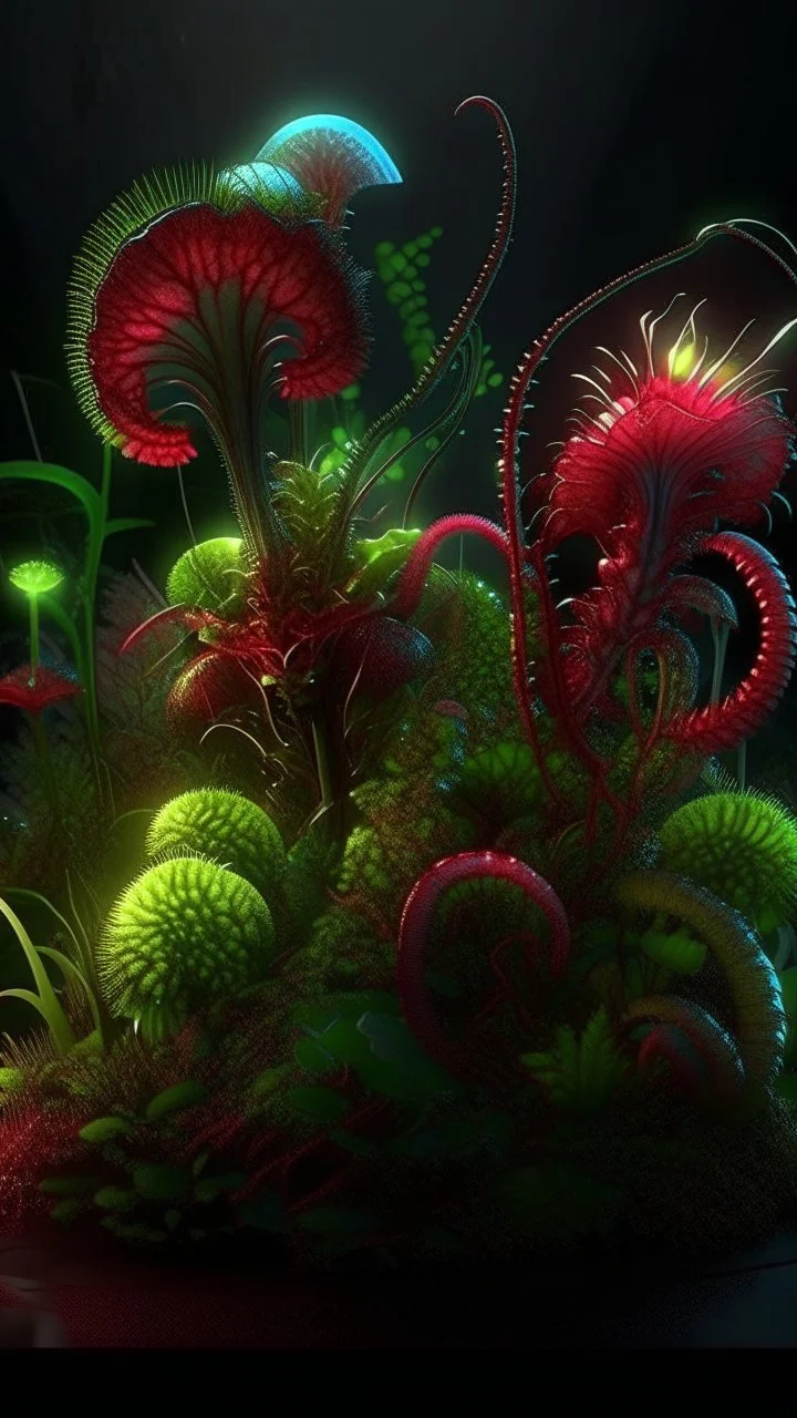"3D HR Complex Unique and Beautiful Bioluminescent Carnivorous Plants, a breathtaking frontier fantasy artwork by Android Jones, Jean Baptiste monge, Alberto Seveso, Erin Hanson, Jeremy Mann. Minimalist highly detailed and complex professional_photography, masterpieces, 8k resolution concept art, Artstation, tricolor, Unreal Engine 5, cgsociety" Highly detailed ArtStation Concept Art Clear Focus Smooth cinematic 4K epic Details Serious Stoic ARTgerm AN's mature art. Busch painting style