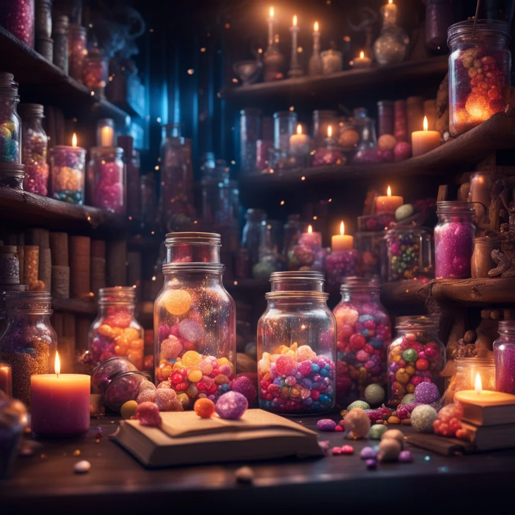 magic shop, magical treats and candy in jars, magical books and wands everywhere very dark room, candle light, bright vibrant colors, glowing sparkle particles, dark tone, sharp focus, high contrast, 8k resolution, incredible depth, shallow depth of field, dramatic lighting, beautifully intricate details, clean environment, epic dynamic scene