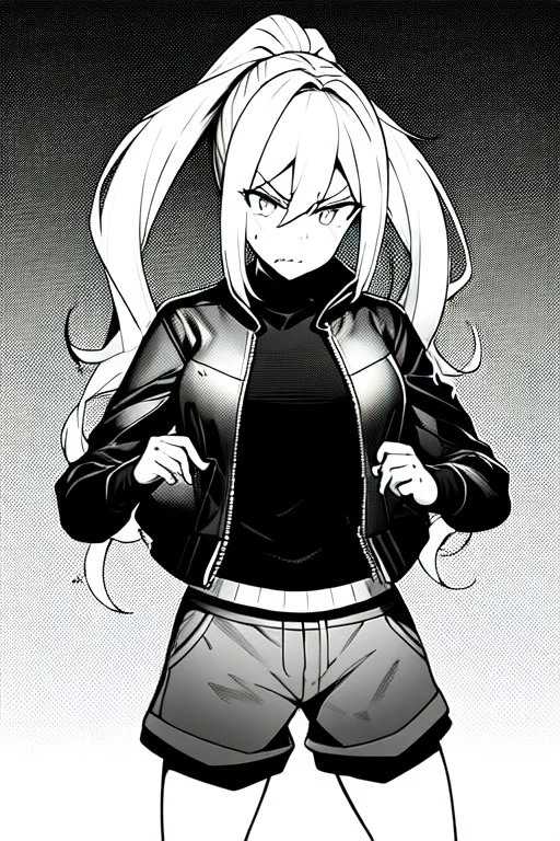 blonde girl with ponytails dressed in a jacket and shorts walks angry, greyscale