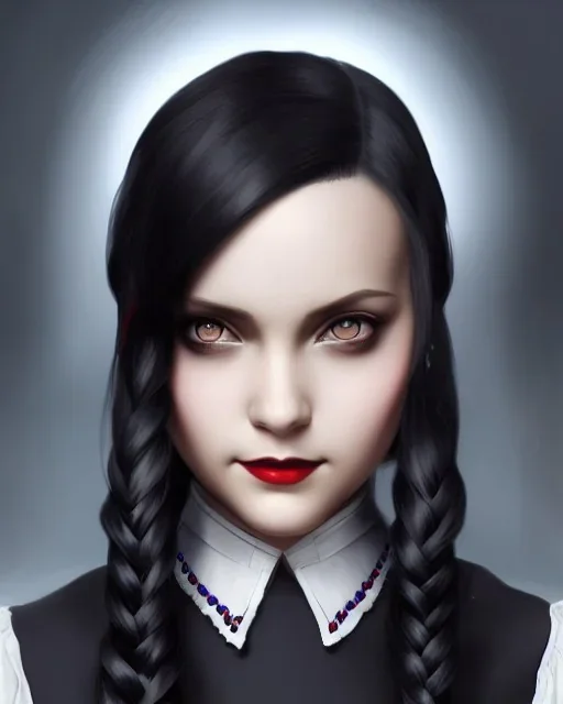 "Wednesday Addams, full-scale head and shoulders portrait, Artgerm, WLOP, Alphonse Mucha dynamic lighting hyperdetailed intricately detailed Splash art trending on Artstation triadic colors Unreal Engine 5 volumetric lighting Splash art fantasy"