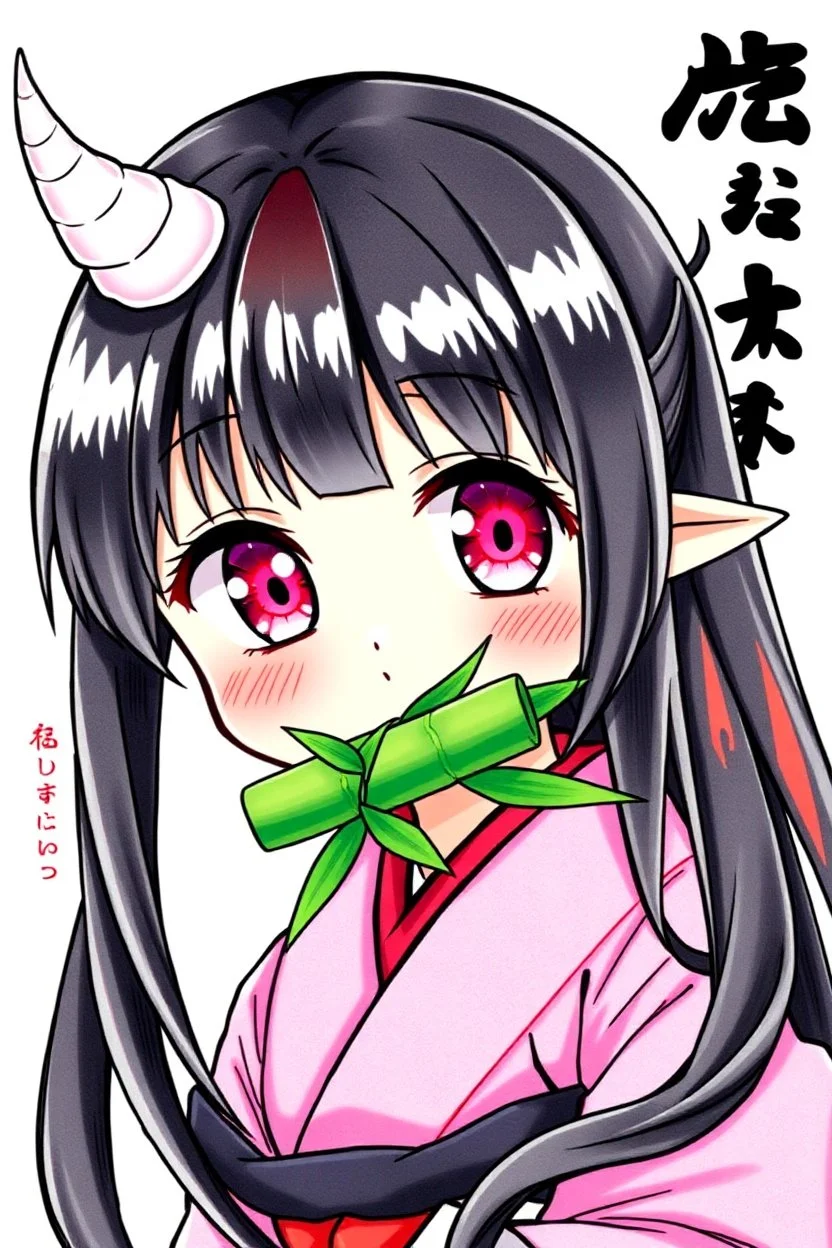Cute Japanese girl, with pink eyes, a only horn on left side of head, dressed in her pink kimono and a black haori, black long hair with reddish tips, a piece of bamboo covering her mouth, drawing manga style, vibrant colors, in a manga book cover