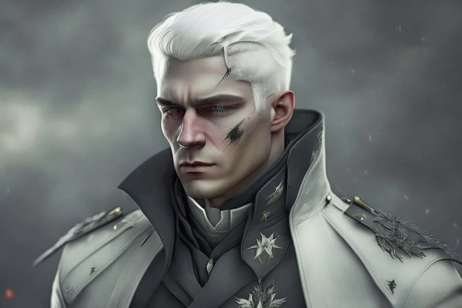 A white masculine human with medium white hair. A Lot of Battle Scars. Full body. Black Military Outfit. HD