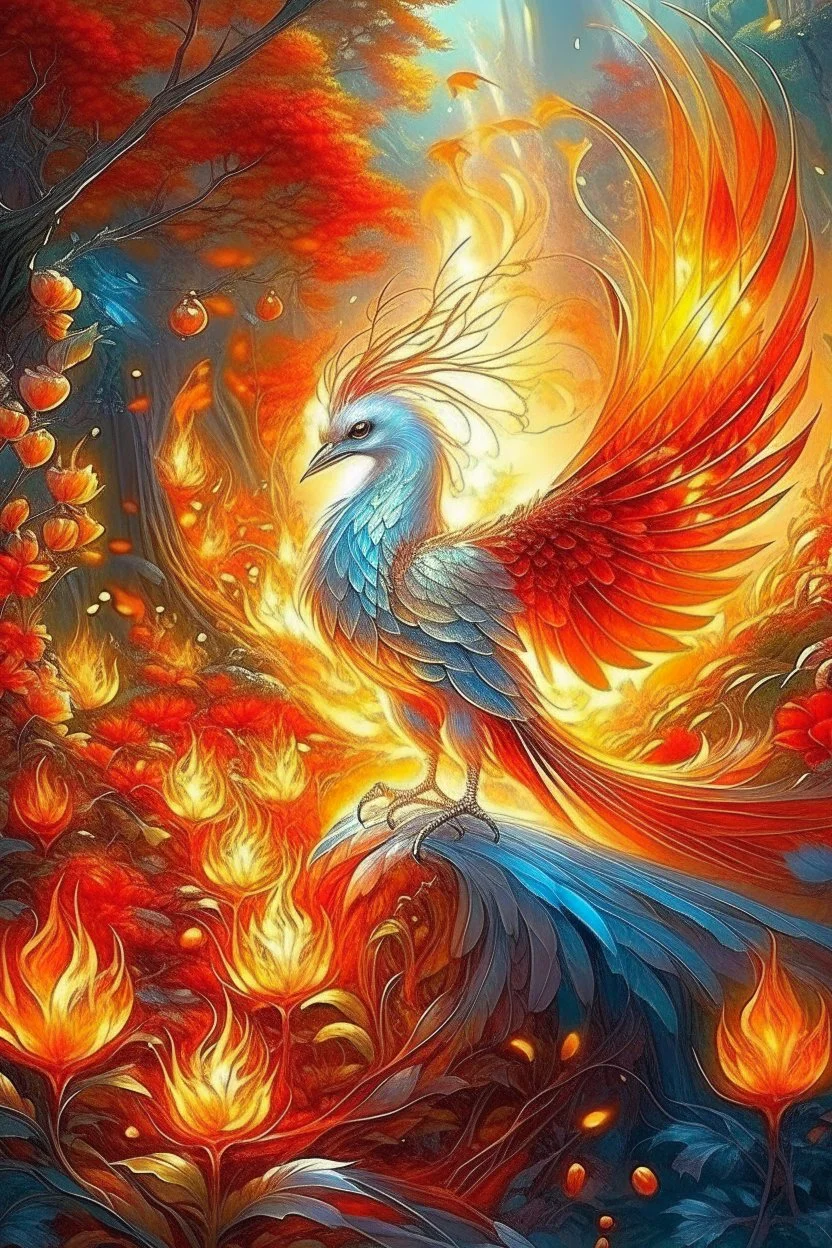 a firebird, fiery feathers that shine with silver and gold, burn with fire, a long sparkling tail burns with fire, wings like tongues of flame, eyes glow like crystals, an unusual fiery light reflects its belonging to another non-human world, in a faraway kingdom in a beautiful garden, rejuvenating apples grow in the garden, realism, light, highlights magic