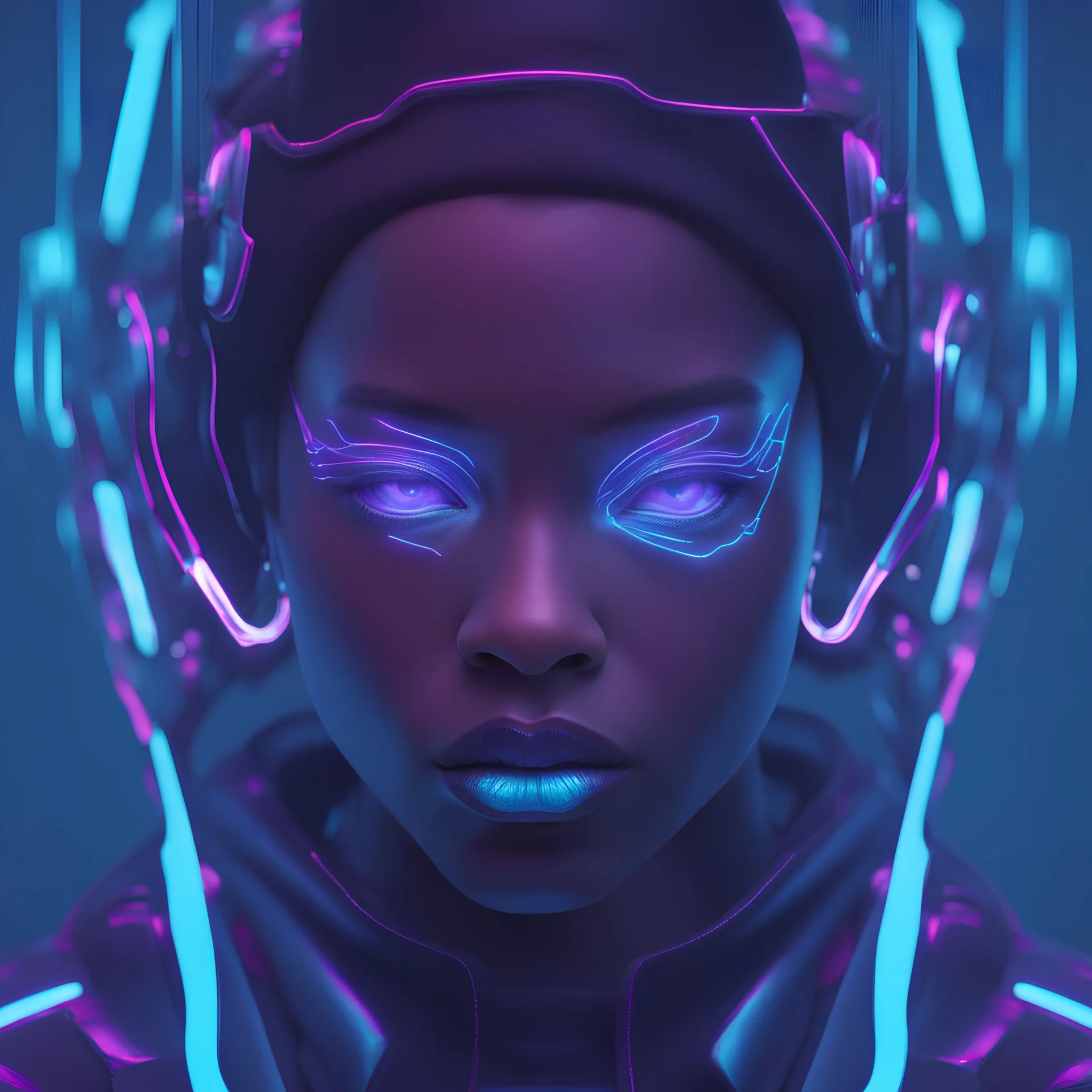 a face photo futuristic black girl cyborg serious haute couture body with circuits refractions on the floor and cloths of neon violet colors ultra realistic cyan and magenta fog