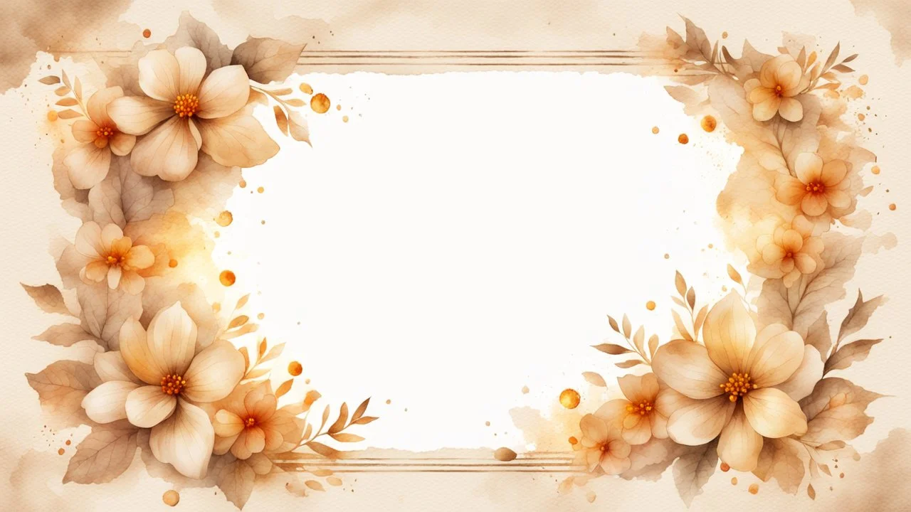 Hyper Realistic Beige small-watercolor-Floral-Frame With Glowing Golden Embers On Off-White Grunge Background.