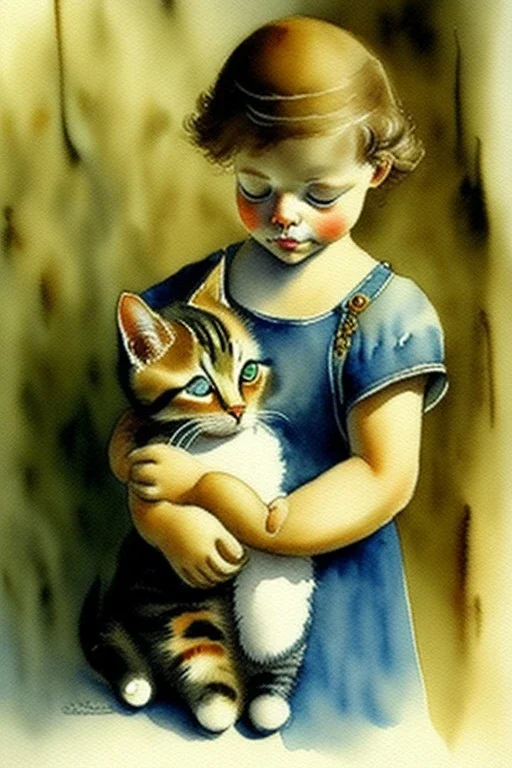 A cute cat is holding a kitten,. Watercolour