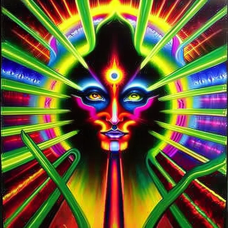 Nexus of the Subterranean Realms, Visionary art, Psychedelic and vibrant tones, with a mix of intense and neon colors, A convergence point of different subterranean realms, with symbolic and spiritual representations, Transcendental and spiritual ambient, art style by Alex Grey