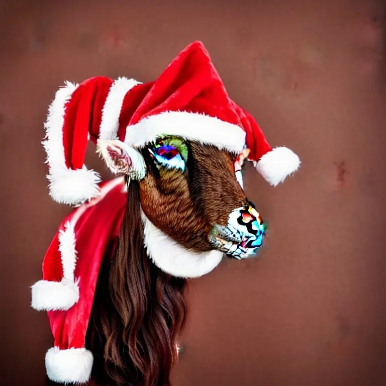 brown goat in a santa costume profile neo classism