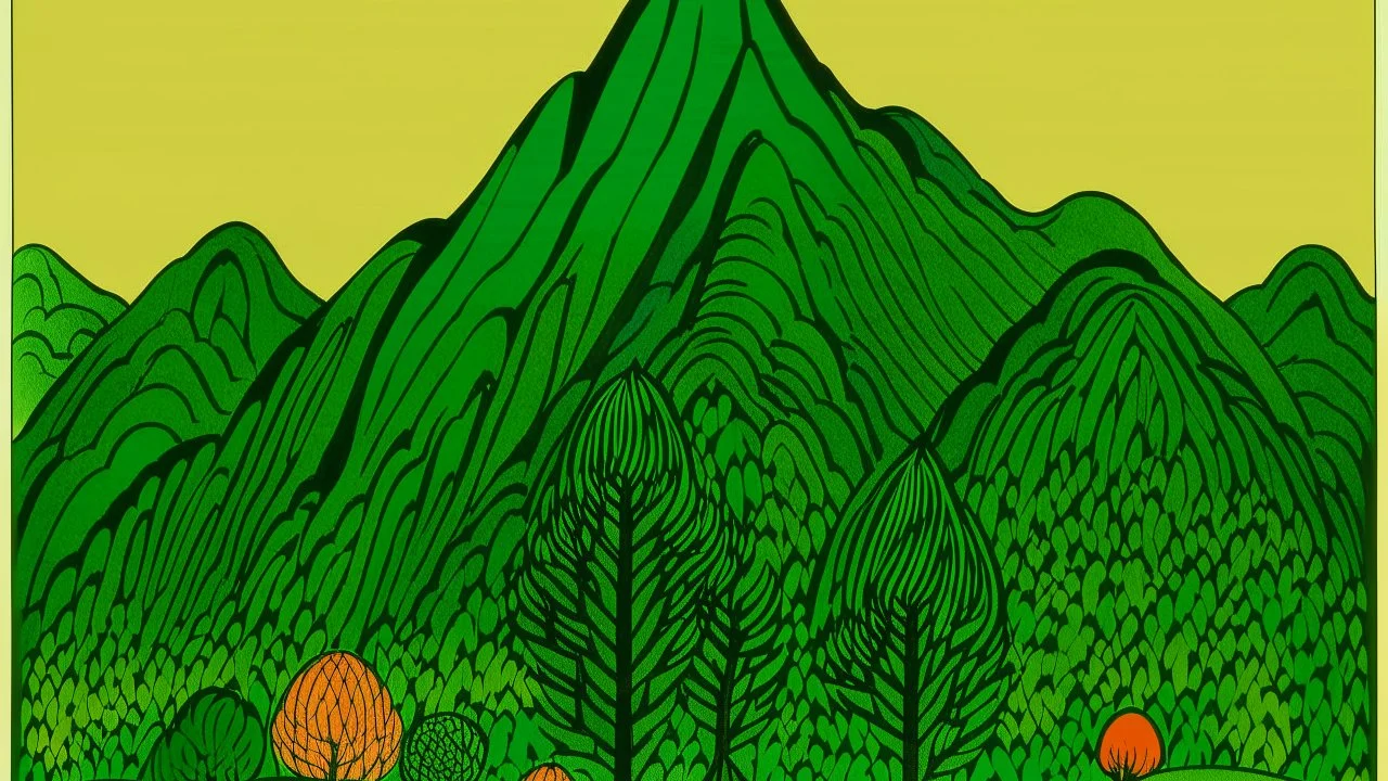 A green mountain with trees and moles designed in Mehndi design painted by Alexej von Jawlensky