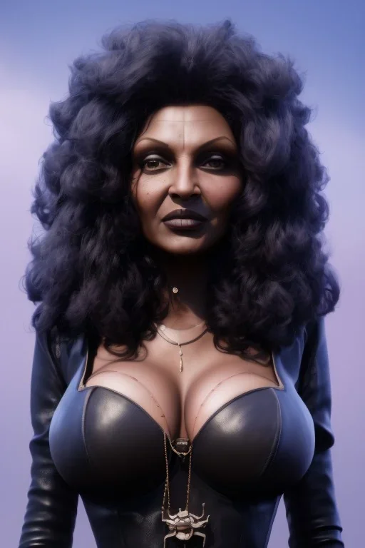 Pam Grier as evil queen in black leather, leather, busty, cleavage, angry, stern look. character design by cory loftis, fenghua zhong, ryohei hase, ismail inceoglu and ruan jia. unreal engine 5, artistic lighting, highly detailed, photorealistic, fantasy