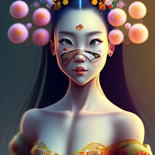 comic style, portrait of a Chinese woman, cute, fantasy, with flowers in her hair, big eyes, cute red nose, freckles