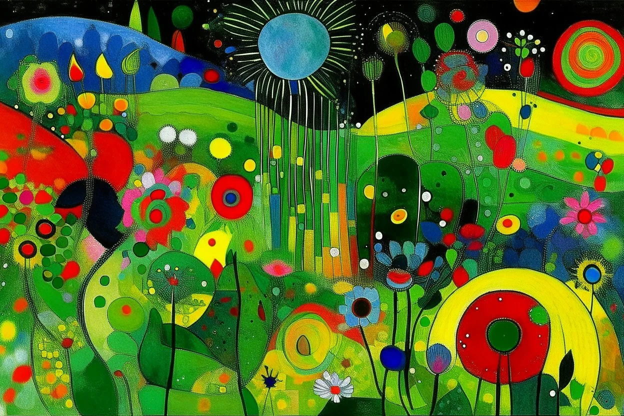 A green flower fields underneath the stars painted by Wassily Kandinsky