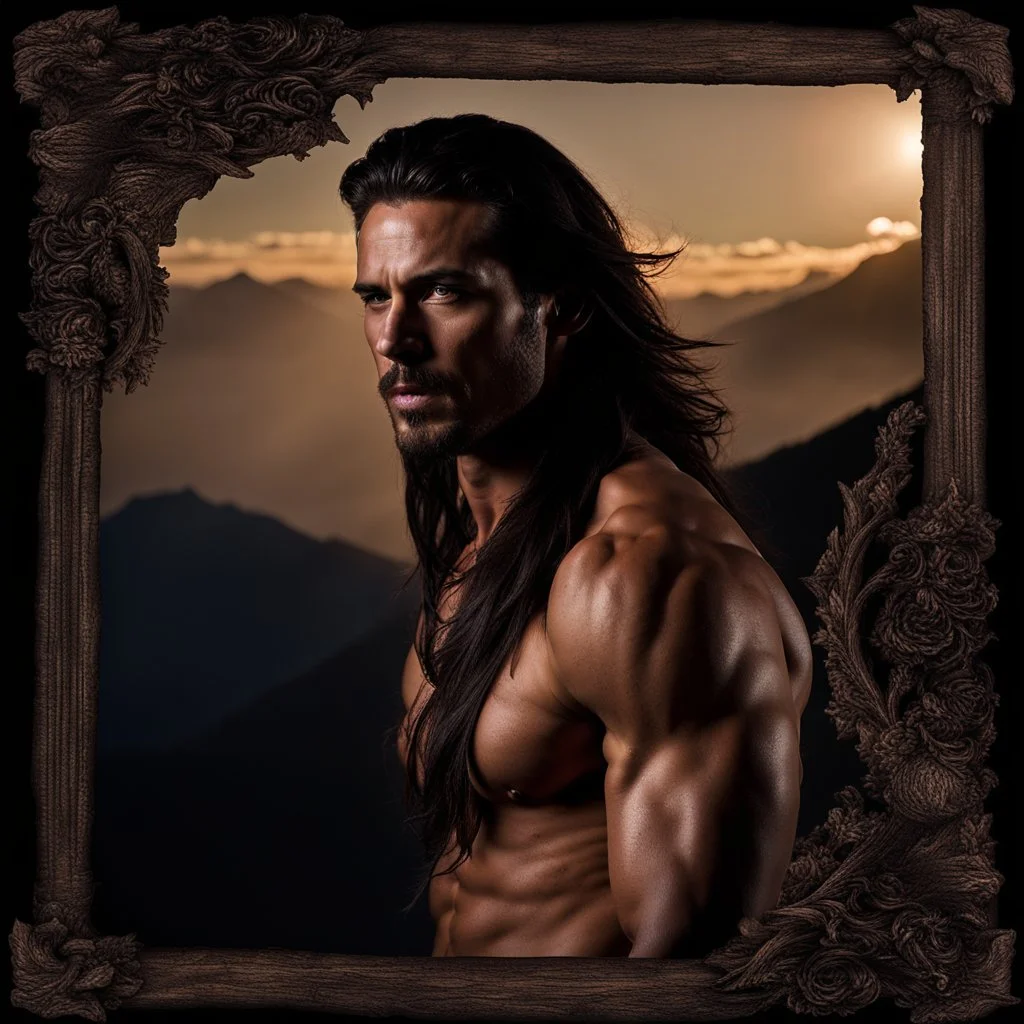 Handsome and muscular 30 year old shirtless mountain man long dark hair, goatee beard, dark fantasy, blank background