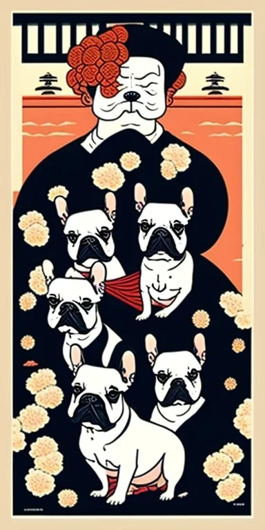  a group of french bulldogs that are on top of each other, a poster by Nōami, ukiyo-e, anime aesthetic, minimalist.