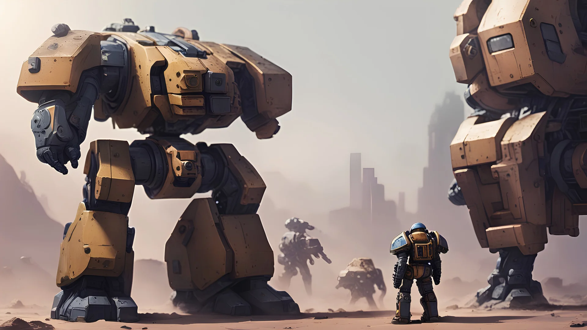 tiny space marine looking at huge battletech mech