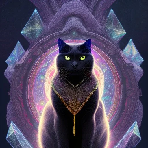 powerful muscular mystical black cat sits on a psychedelic mushroom and huge crystals