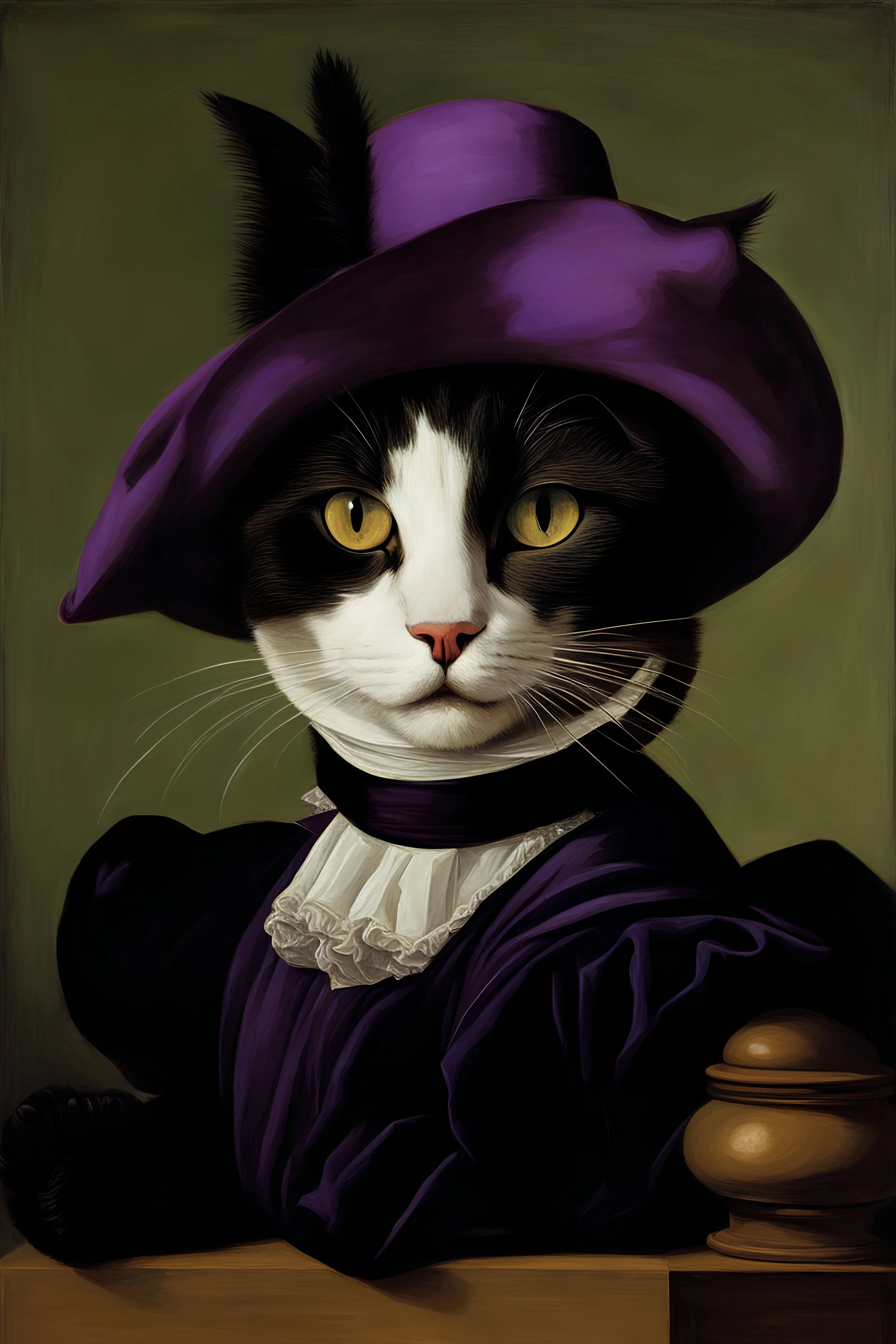 Portrait of a cat with purple big hat, by caravaggio