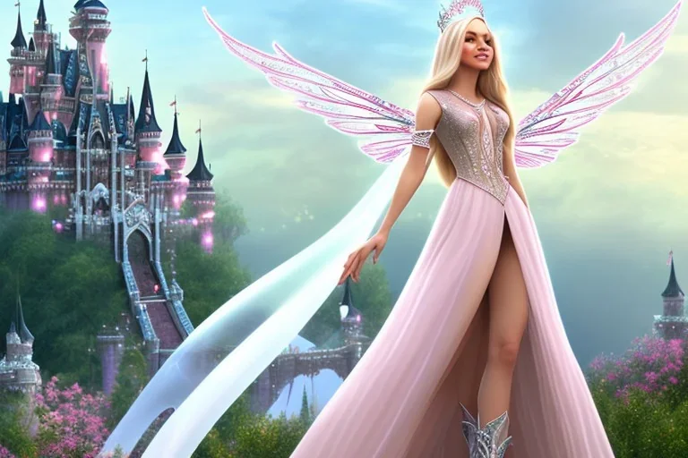 castle in background, beautiful, soft, big smiling, straight and long blonde hair, blues eyes, dewy and shiny atmosphere, diamond crown, long fairy wings in the back, full head, pink veil clothes