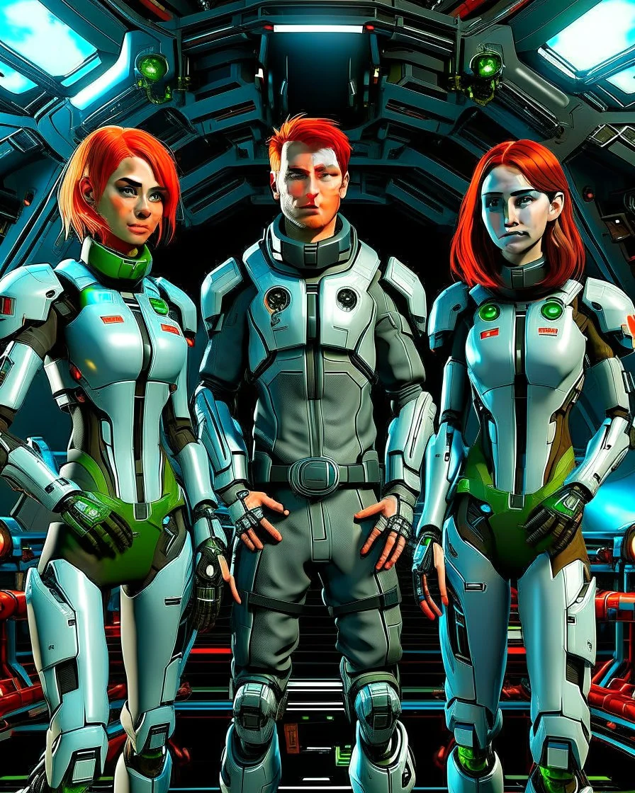 Photorealistic image of a young man in a flight suit with two tall, slender female androids in one-piece suits, one with red hair and one with white hair, standing on the bridge of a spaceship.