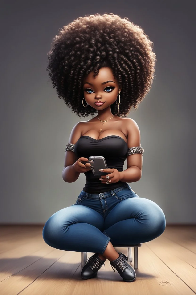 Create a furturism magna art of a black chibi curvy female sitting on the floor looking at her cell phone. She is wearing tight blue jeans and a black off the shoulder blouse. Prominent make up with lush lashes. Highly detailed tight curly afro. She is also wearing silver large hoop earringsart of a black chibi curvy female sitting on the floor looking at her cell phone. She is wearing tight blue jeans and a black off the shoulder blouse. Prominent make up with lush lashes.