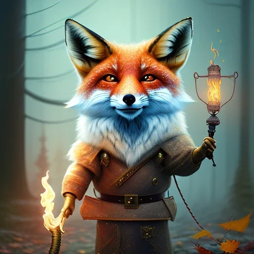 cute tall fox with big eyes holding magical torch , wood and rope bridge in magical forest, spray painting, autumn foliage frame, fantasy art , sun, movie poster, Realistic photography, incredibly detailed, ultra high resolution, 8k, complex 3d render, cinema 4d, color corrected