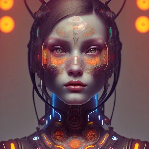 A beautiful portrait of a cute cyberpunk woman happy, alphonse mucha style, grain on the skin, tribal tatoos, orange color scheme, high key lighting, volumetric light high details,octane render, redshift render,ambient lighting