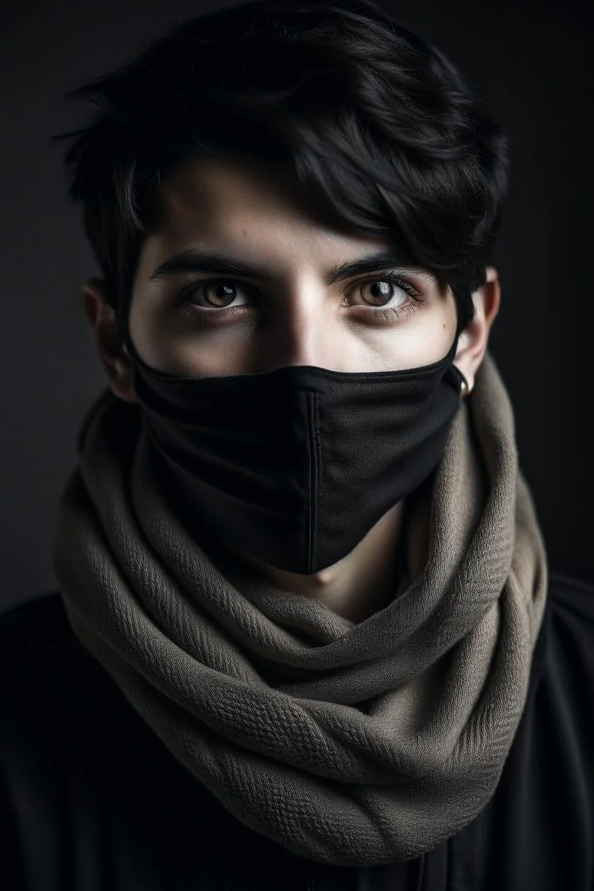 Portrait of a young man, short black hair, with a long scarf Who cover his mouth and a mask in his eyes