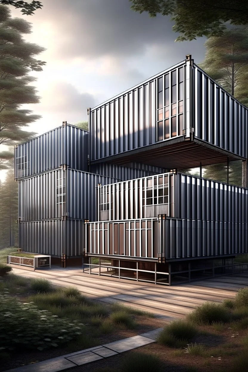 large house in the woods made from shipping containers, photorealistic
