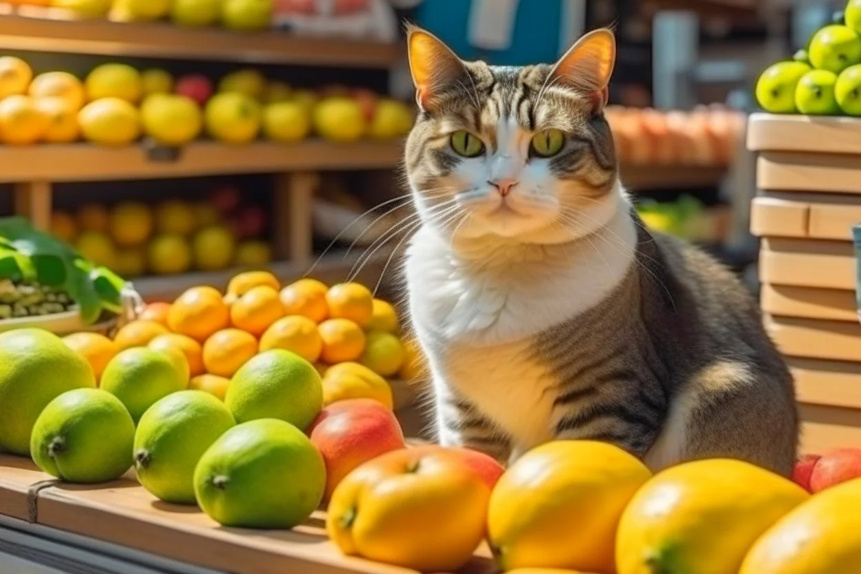 cute contented cat is shopping in a foodstore in sunshine. Food, fruits