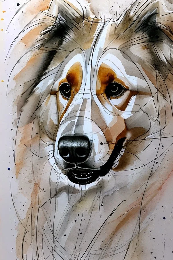 Abstract wet watercolour of a rough collie, ink lines, interlinked circles,detailed focus on eyes