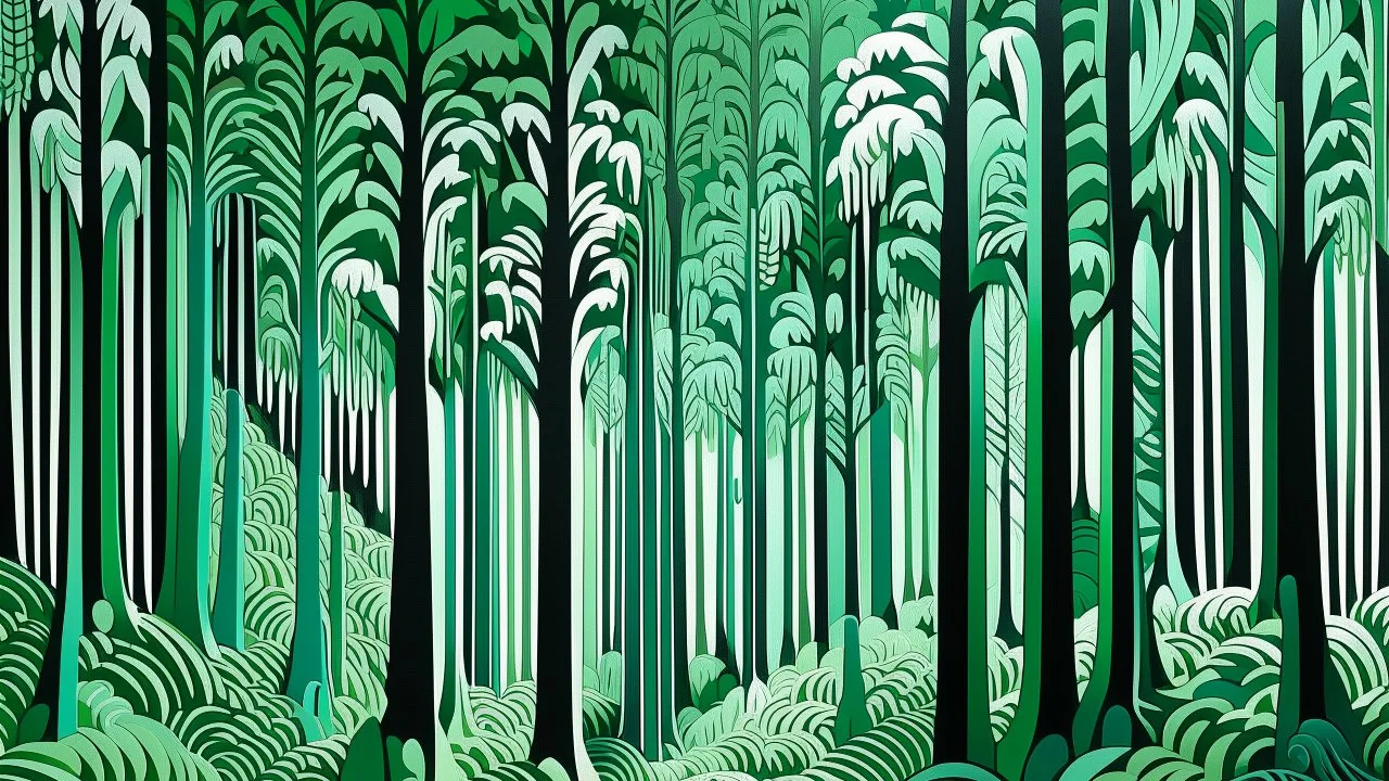 A mint colored forest with warped trees designed in Javanese shadow puppets painted by Victor Vasarely